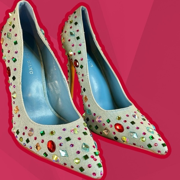 NWT Azalea Wang ‘Camellia’ Pointed Toe Stiletto Pump in “Blue Denim” Jeweled 6 - Picture 13 of 16